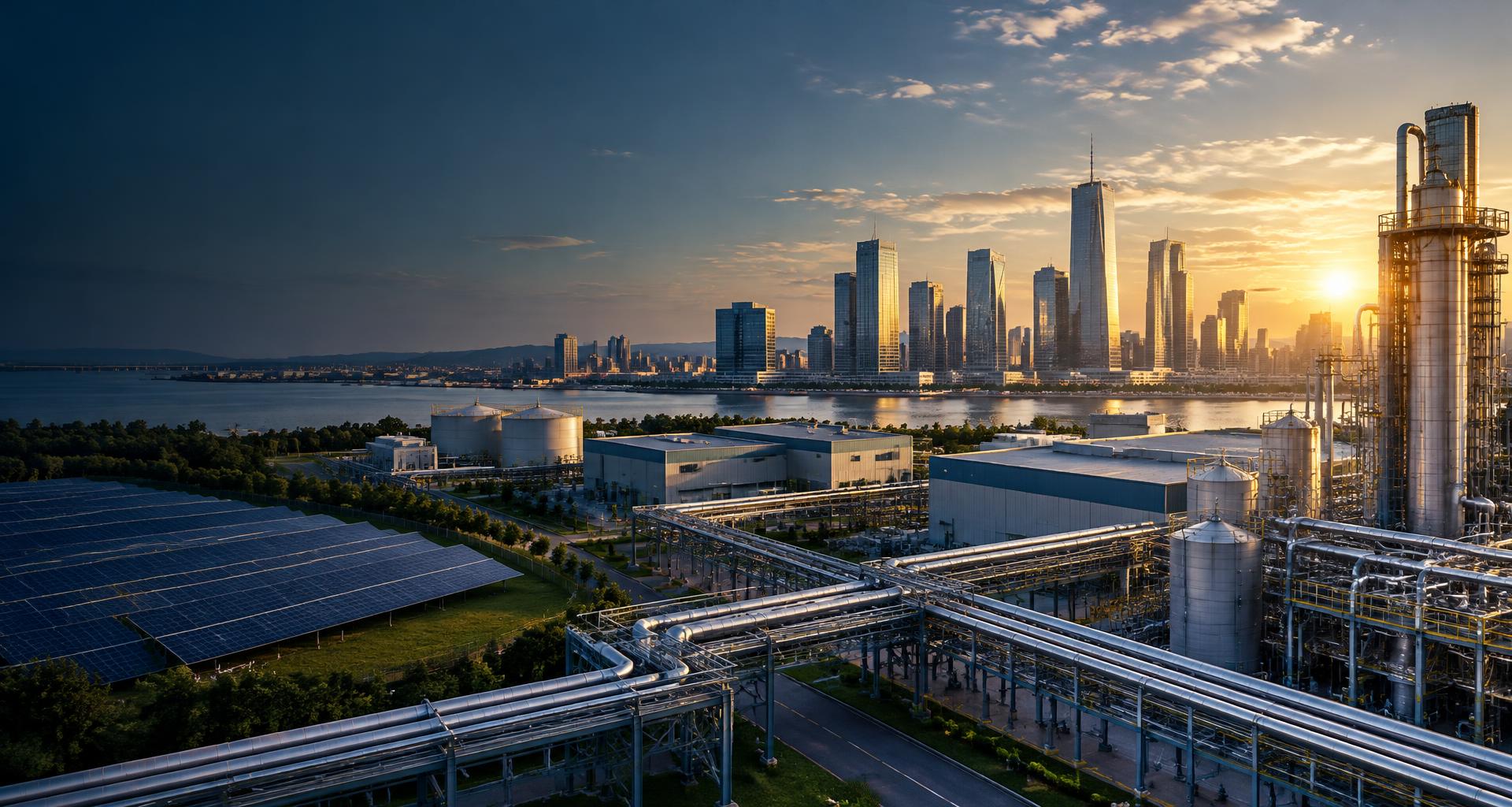 Conceptual industrial infrastructure, solar installations and a modern city skyline